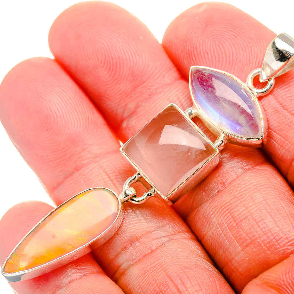 Aura Opal, Rose Quartz, Rainbow Moonstone 925 Sterling Silver Pendant 2 5/8" (925 Sterling Silver) PD37658