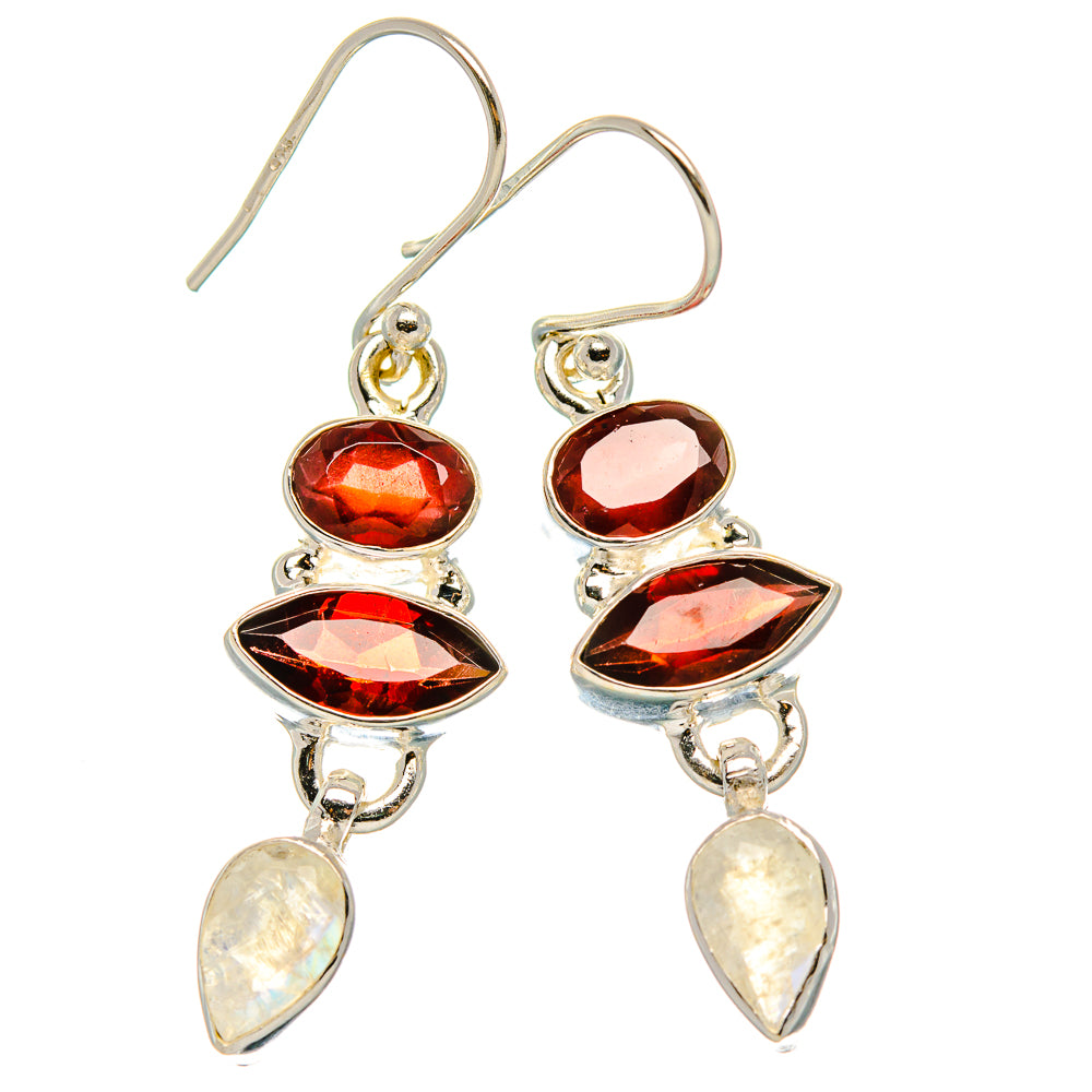Garnet, Rainbow Moonstone Earrings 1 3/4" (925 Sterling Silver) EARR431754