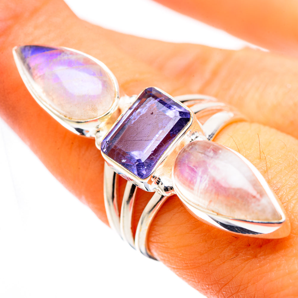 Large Faceted Tanzanite, Rainbow Moonstone Ring Size 7.5 (925 Sterling Silver) RING136069