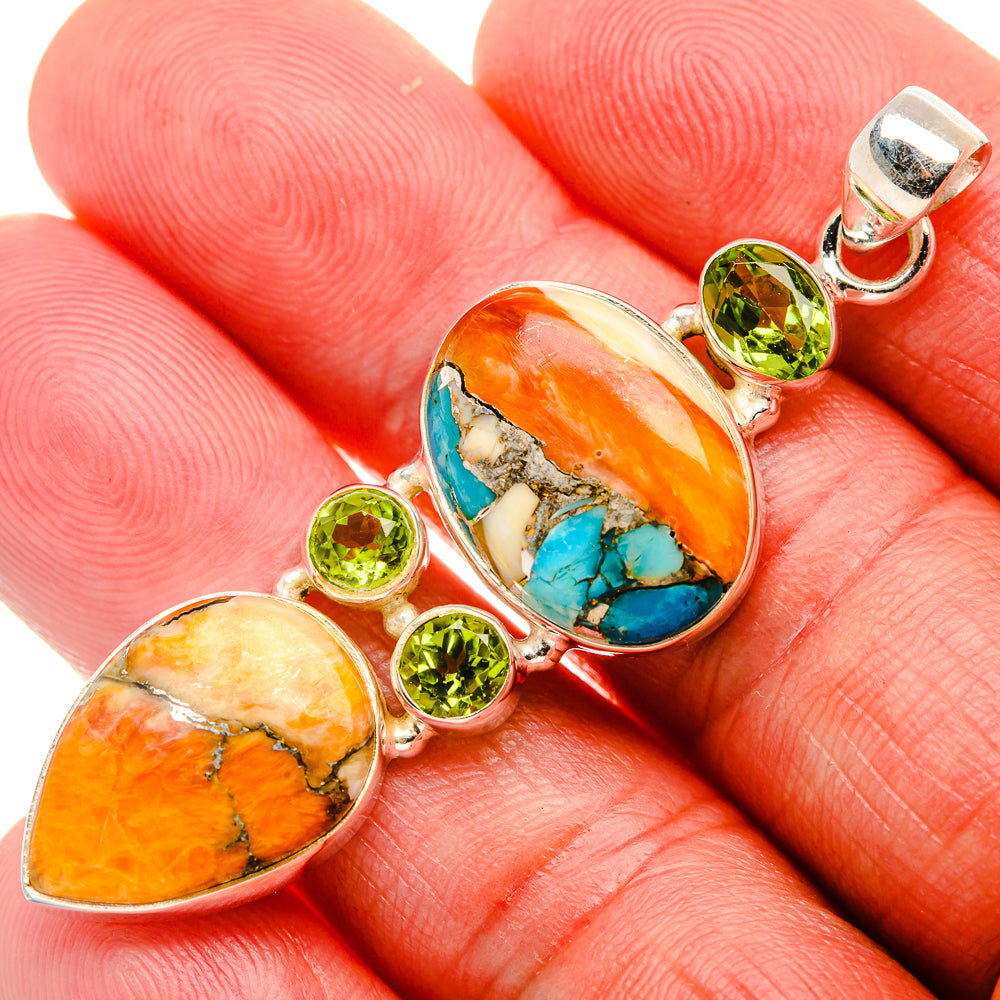 Spiny Oyster Turquoise, Peridot 925 Sterling Silver Pendant 2 1/4" (925 Sterling Silver) PD37712