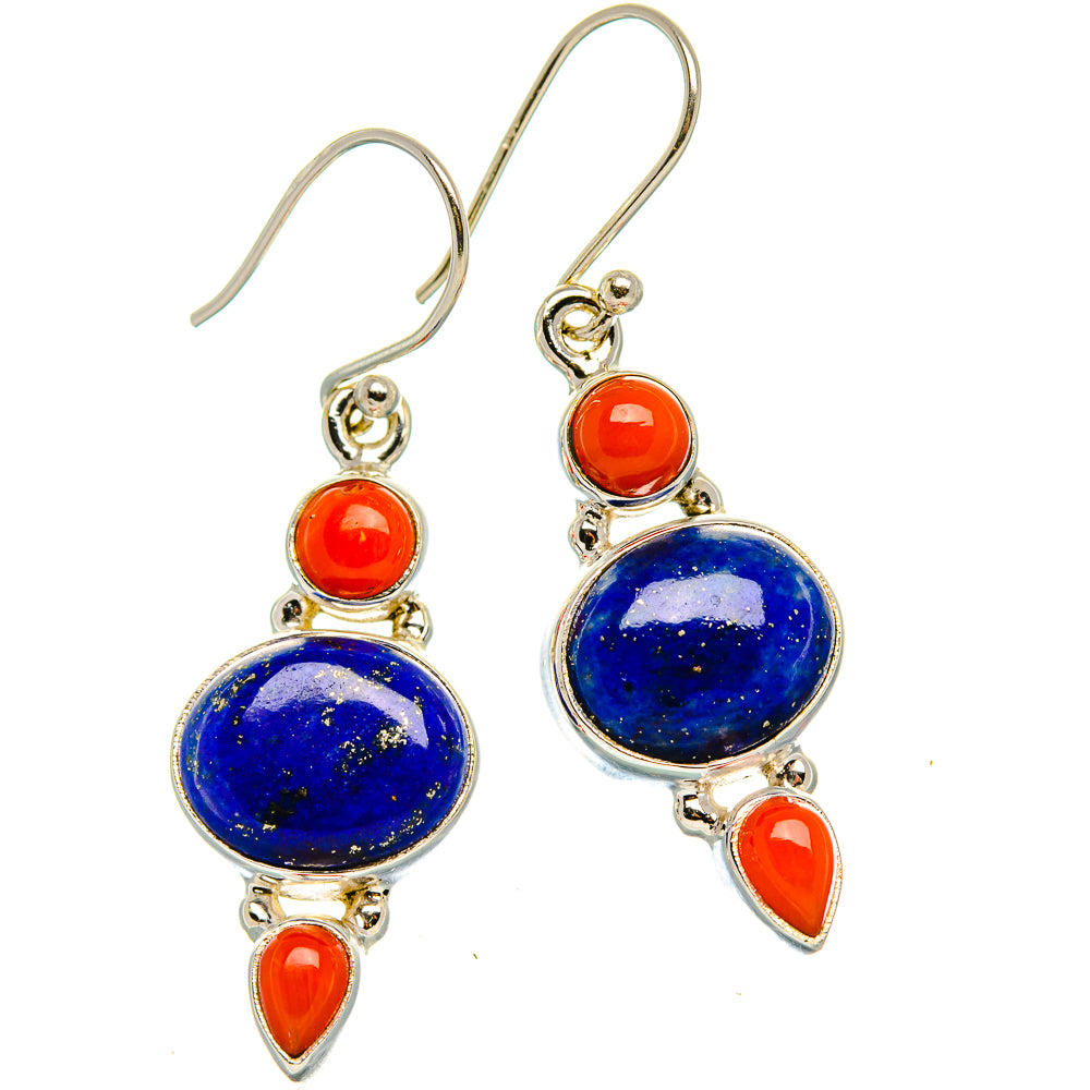 Lapis Lazuli, Red Coral Earrings 1 5/8" (925 Sterling Silver) EARR431858