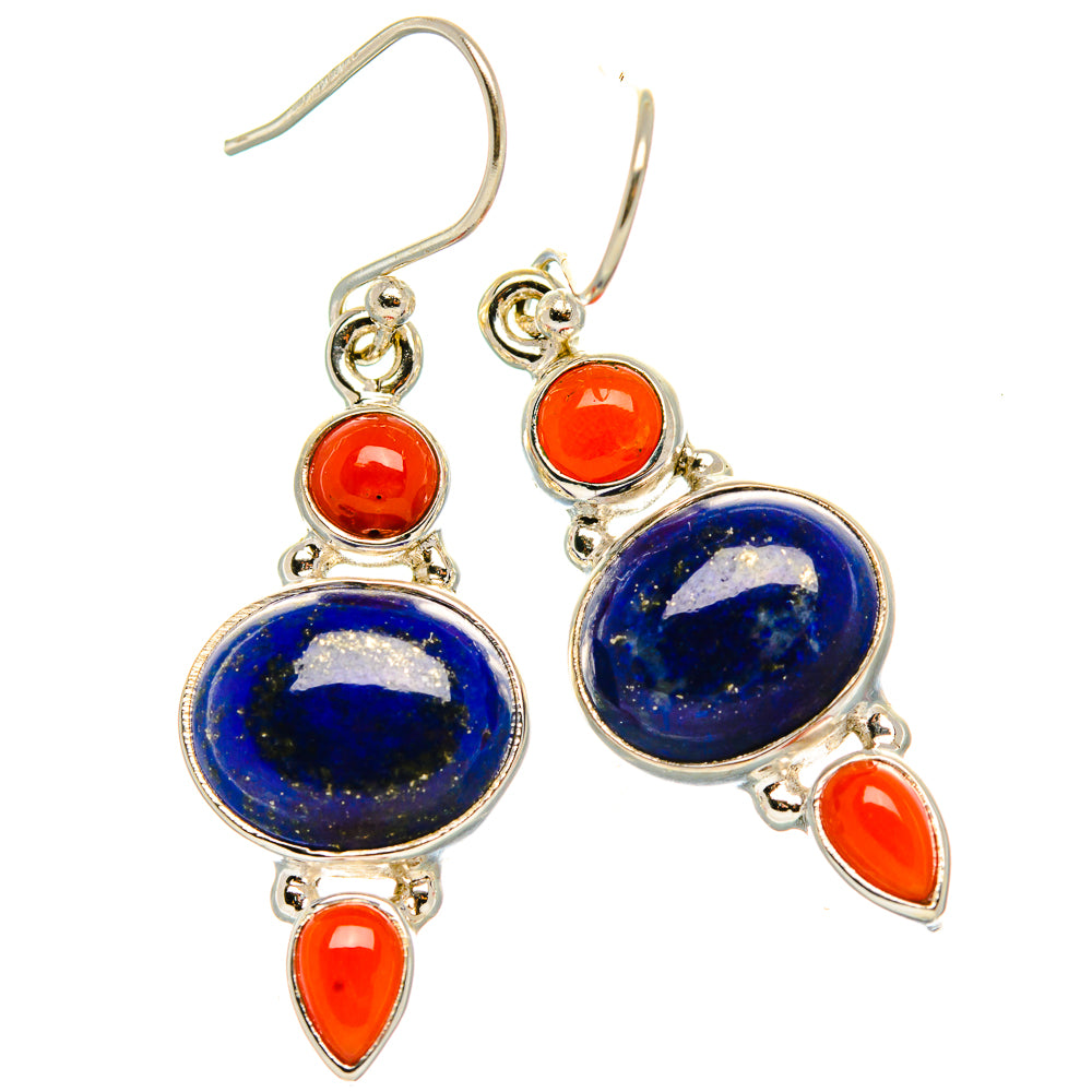 Lapis Lazuli, Red Coral 925 Sterling Silver Earrings 1 5/8" (925 Sterling Silver) EARR431915