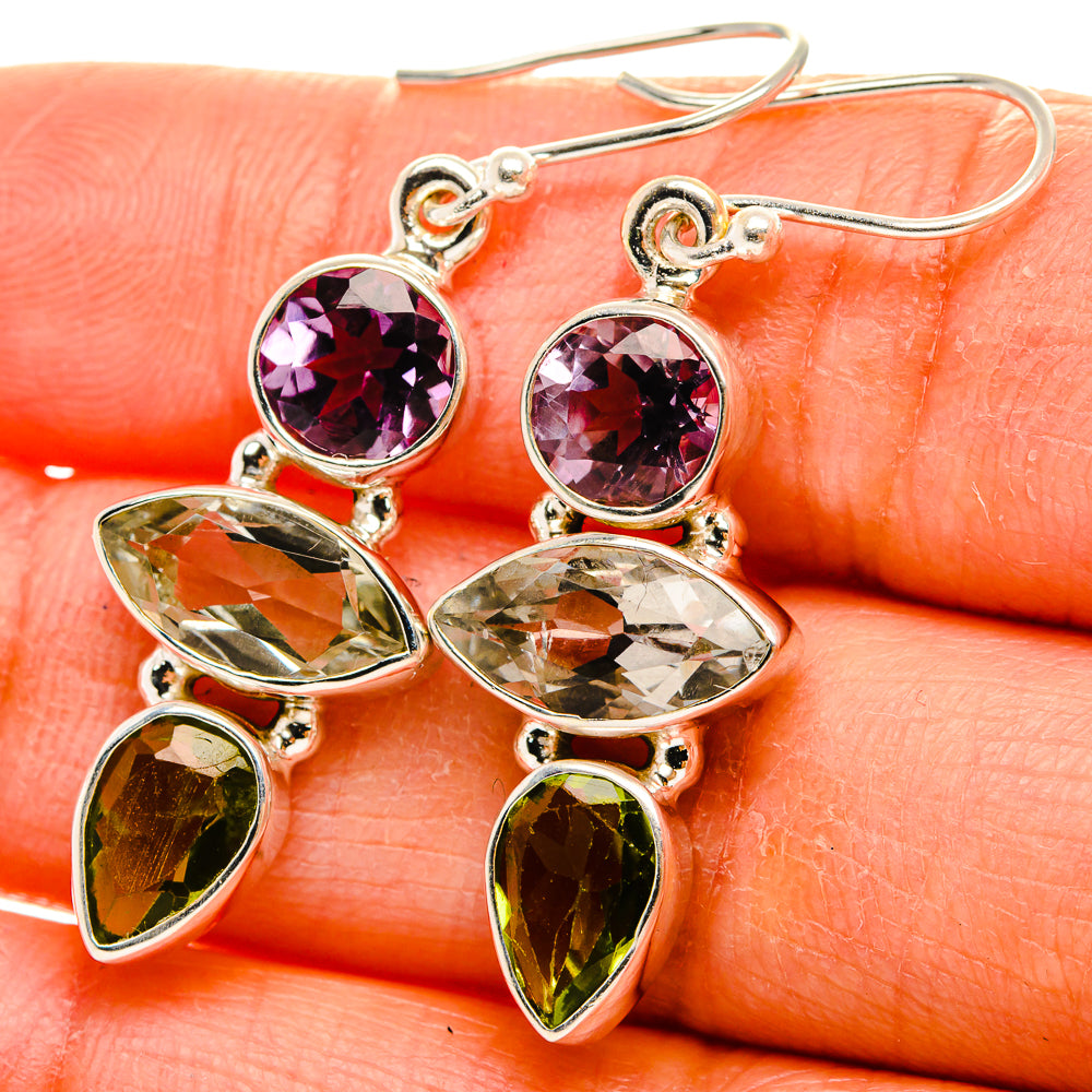 Anasilvercos Faceted Green Amethyst, Amethyst, Peridot Earrings 1 1/2" (925 Sterling Silver)