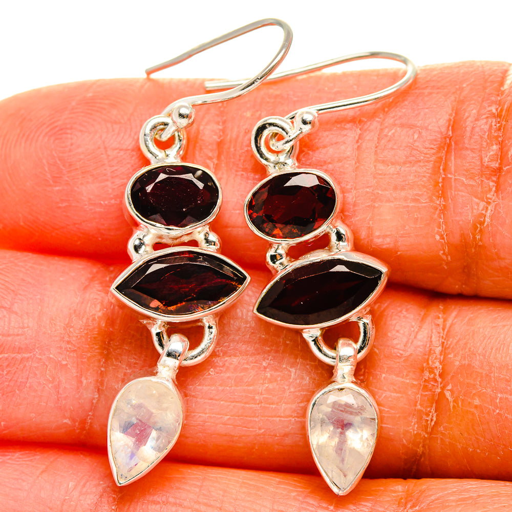 Garnet, Rainbow Moonstone Earrings 1 3/4"  (925 Sterling Silver) EARR431639
