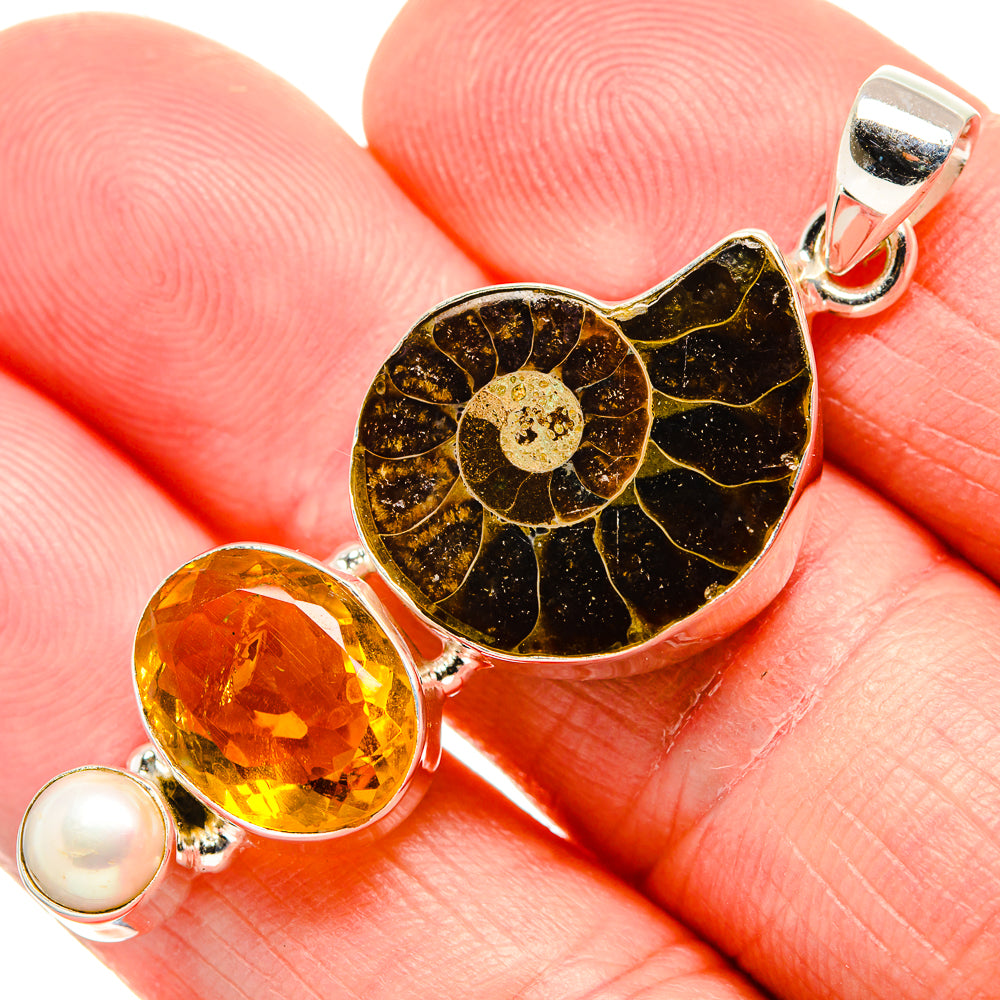 Ammonite Fossil, Citrine, Cultured Pearl Pendant 2"  (925 Sterling Silver) PD36934