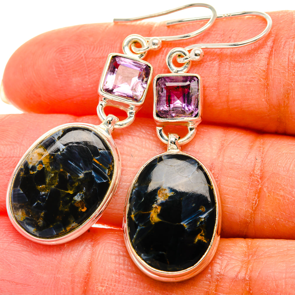 Pietersite, Amethyst Earrings 1 3/4"  (925 Sterling Silver) EARR431627