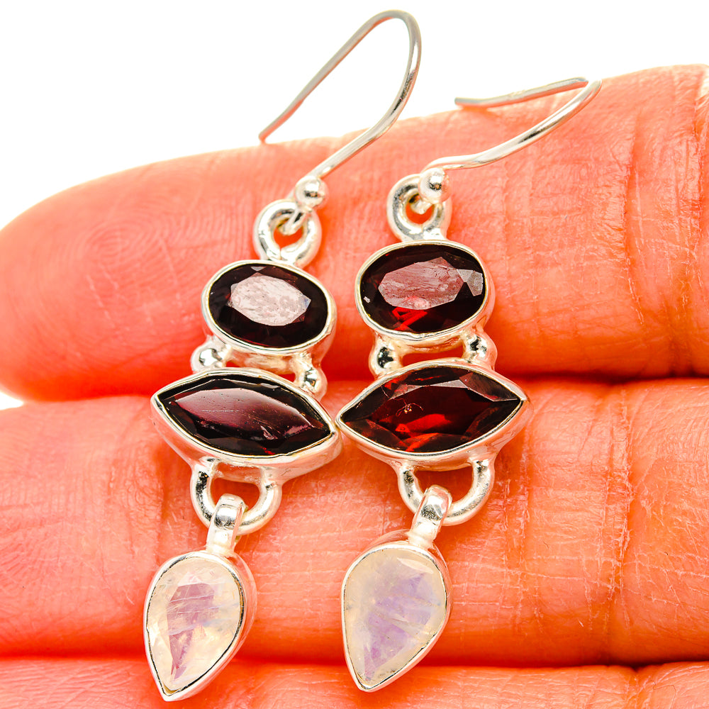Rainbow Moonstone, Garnet Earrings 1 3/4"  (925 Sterling Silver) EARR431623