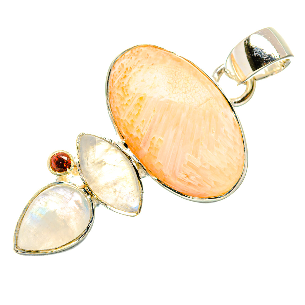 Scolecite, Rainbow Moonstone, Garnet Pendant 1 3/4" (925 Sterling Silver) PD36810