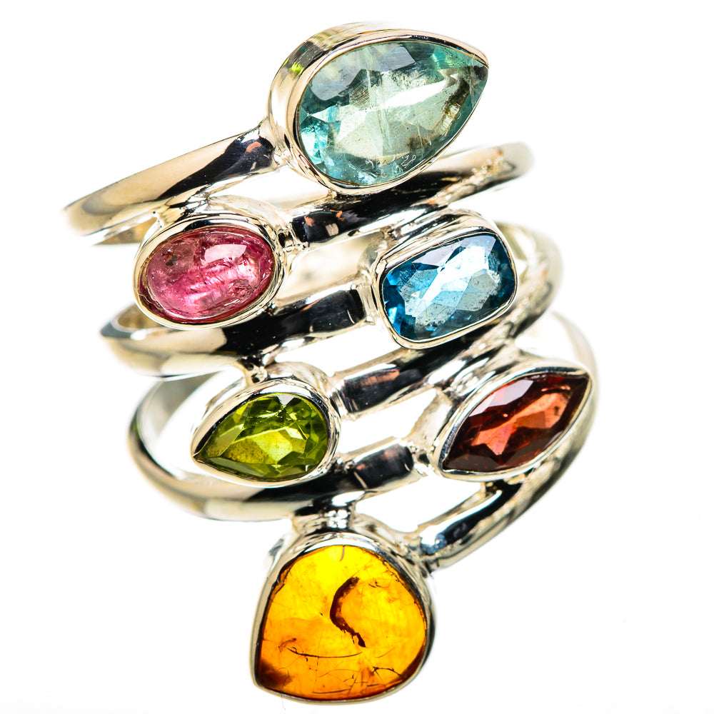 Large Baltic Amber, Garnet, Peridot, Blue Topaz, Pink Tourmaline Ring Size 9.25 (925 Sterling Silver) RING135749