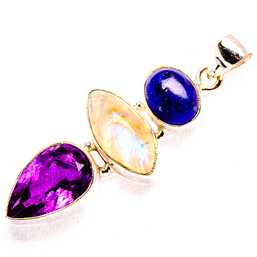 Faceted Amethyst, Rainbow Moonstone, Lapis Lazuli Pendant 2" (925 Sterling Silver) PD37476