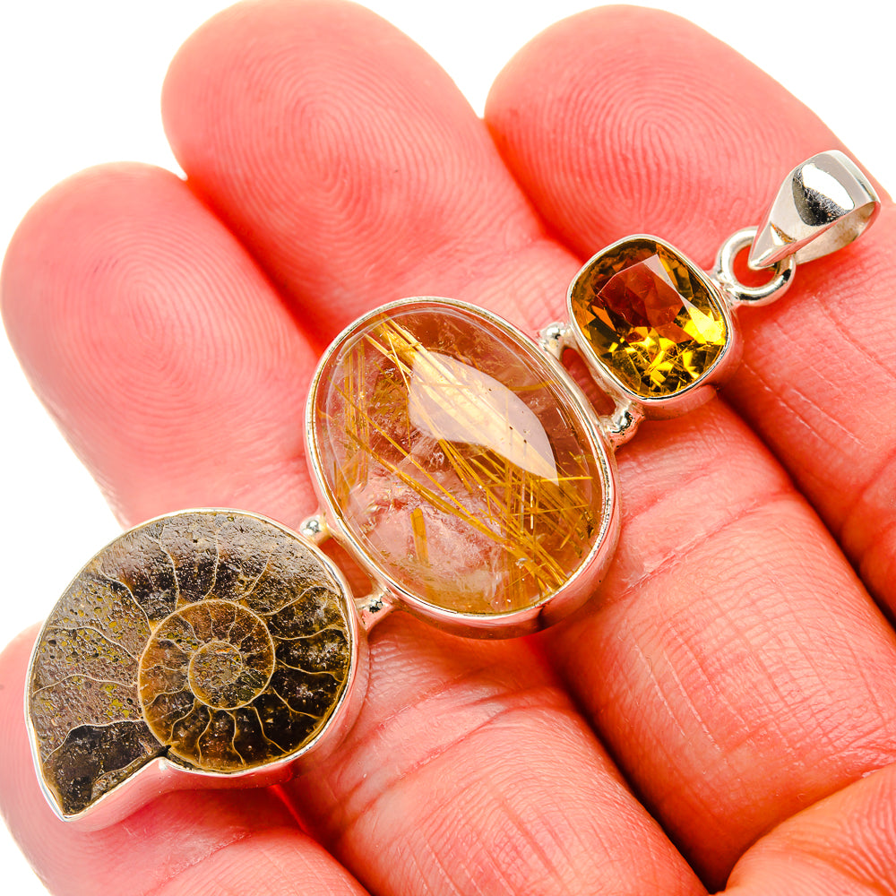 Ammonite Fossil, Rutilated Quartz, Citrine Pendant 2 1/2" (925 Sterling Silver) PD37430