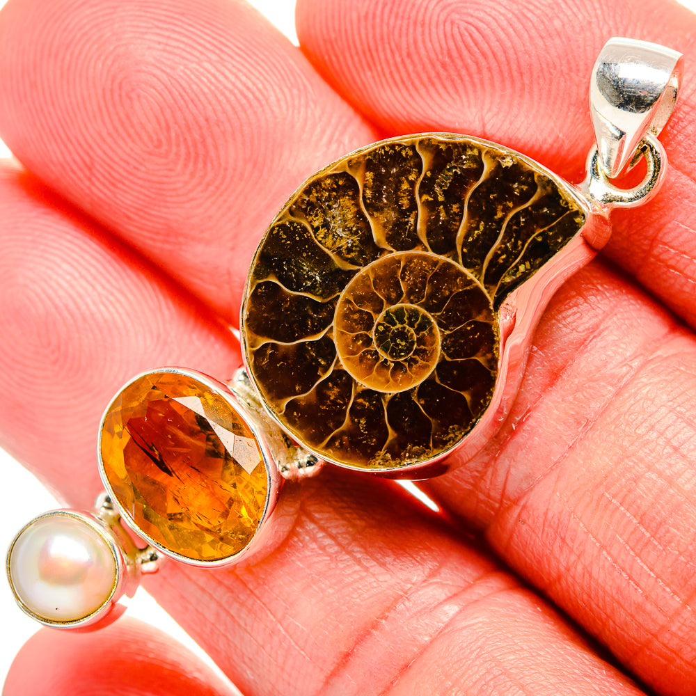 Ammonite Fossil, Citrine, Cultured Pearl Pendant 2 1/4" (925 Sterling Silver) PD36851