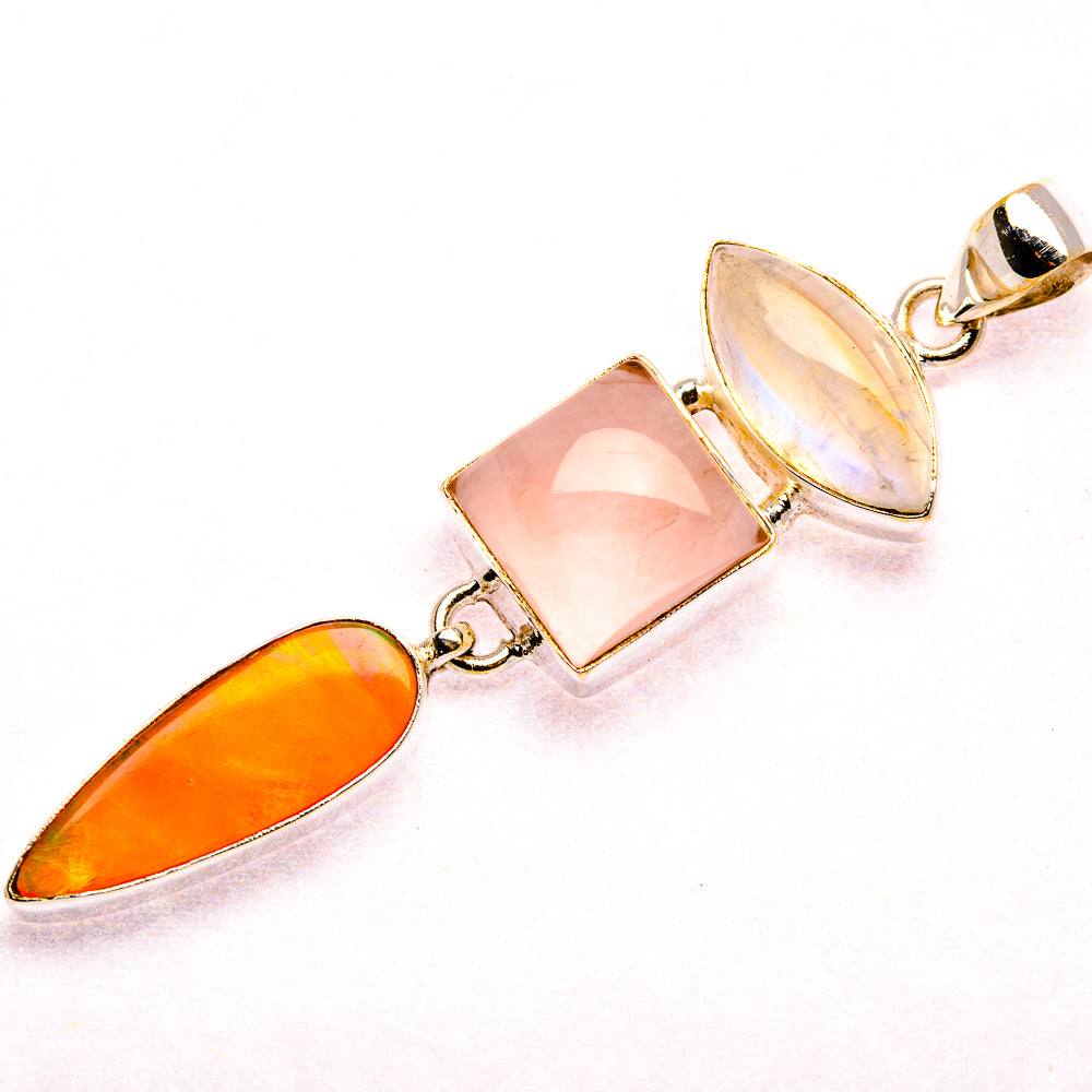 Aura Opal, Rose Quartz, Rainbow Moonstone 925 Sterling Silver Pendant 2 5/8" (925 Sterling Silver) PD37658