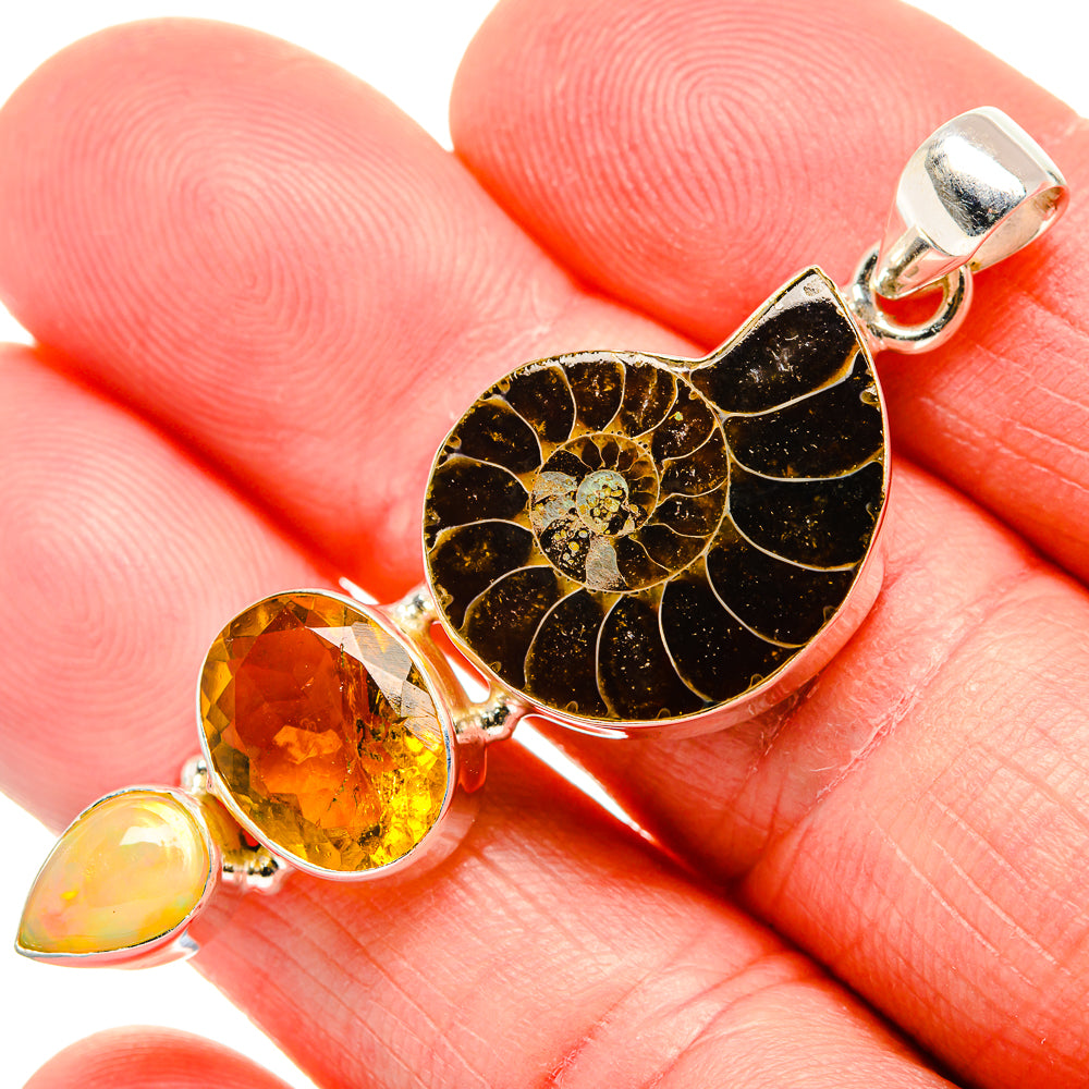 Ammonite Fossil, Citrine Pendant 2 1/4"  (925 Sterling Silver) PD36923