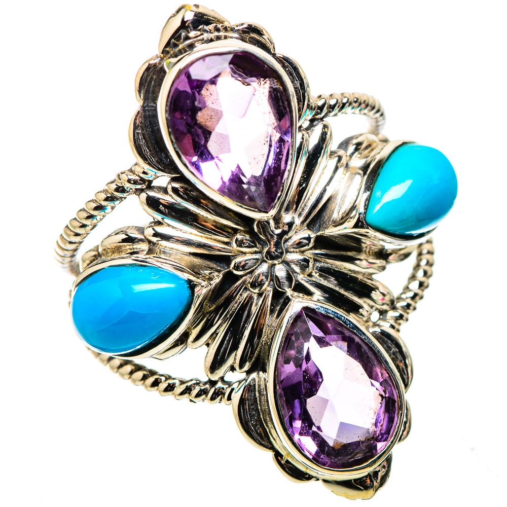 Anasilvercos Large Faceted Amethyst, Sleeping Beauty Turquoise Ring Size 9 (925 Sterling Silver)