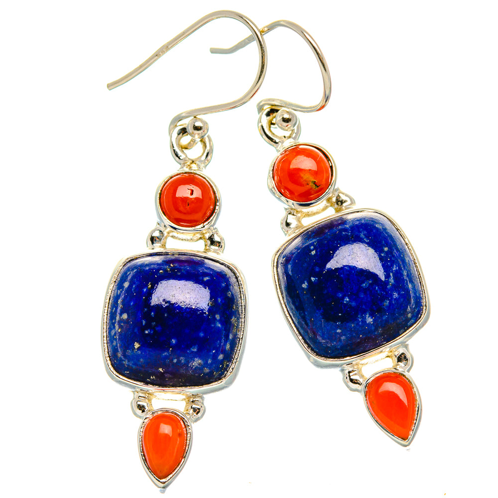 Lapis Lazuli, Red Coral Earrings 1 5/8" (925 Sterling Silver) EARR431879