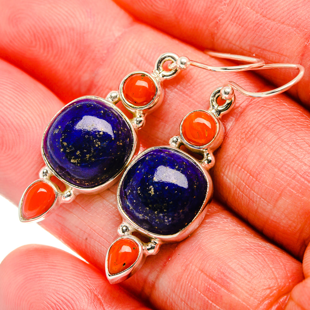 Lapis Lazuli, Red Coral Earrings 1 3/4" (925 Sterling Silver) EARR431863