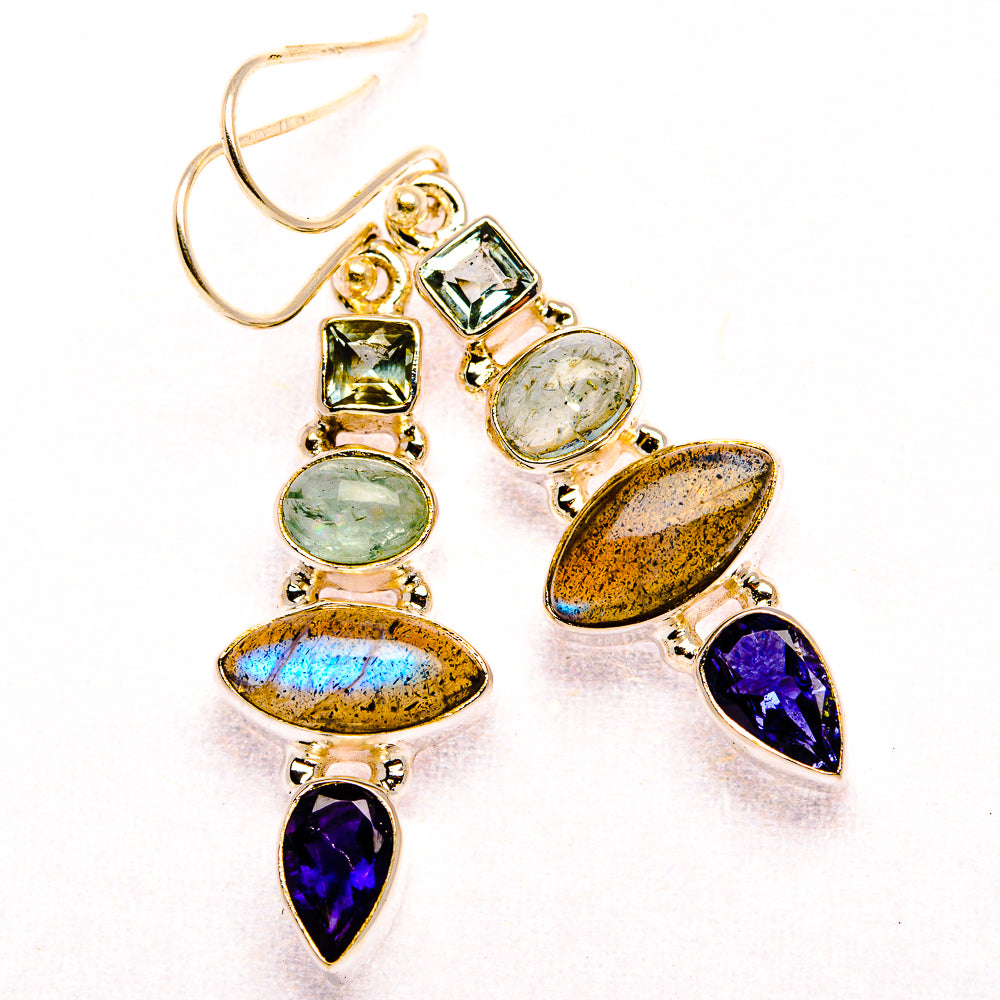 Labradorite, Tanzanite, Aquamarine, Blue Topaz Earrings 1 3/4" (925 Sterling Silver) EARR431911