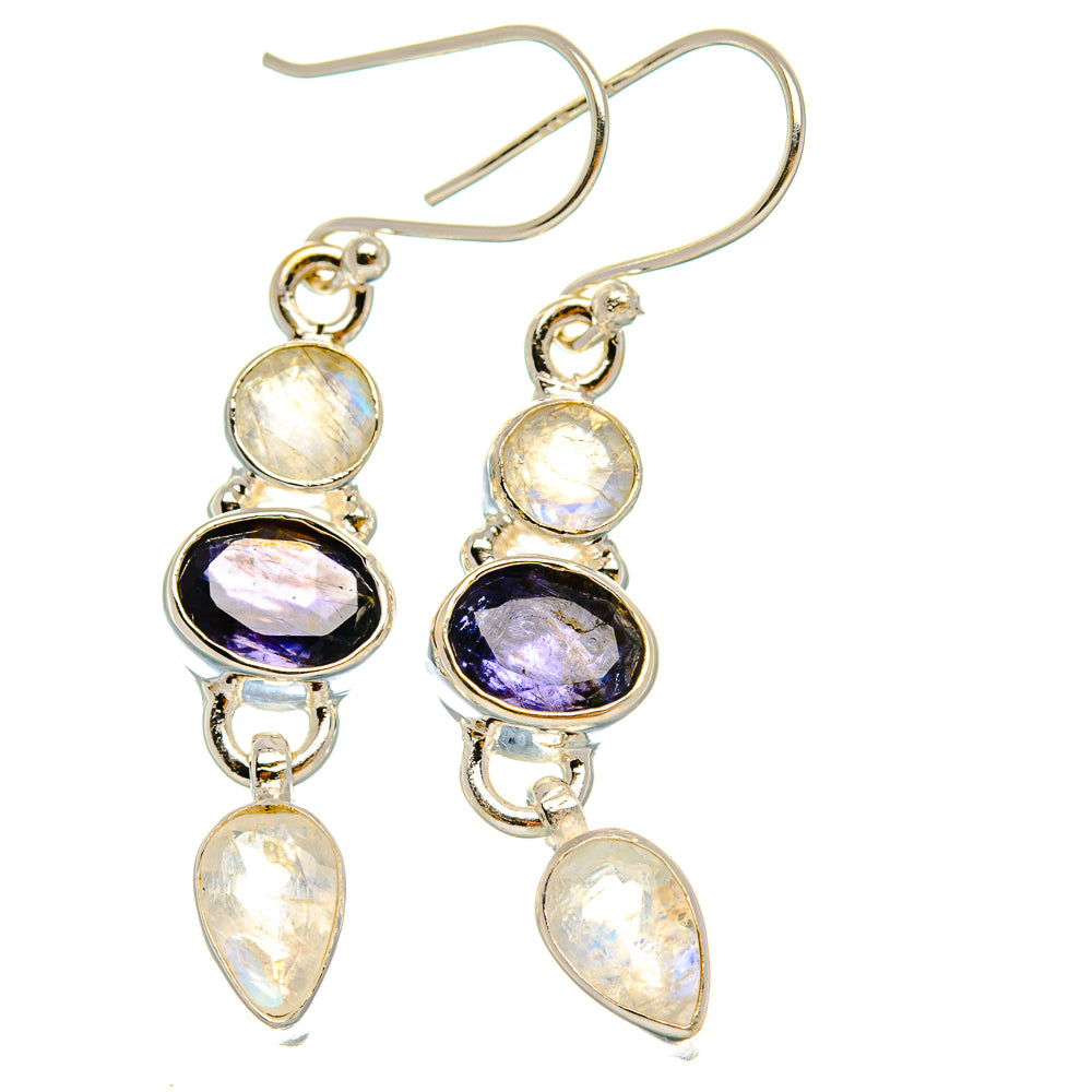 Anasilvercos Faceted Tanzanite, Rainbow Moonstone Earrings 1 3/4" (925 Sterling Silver)