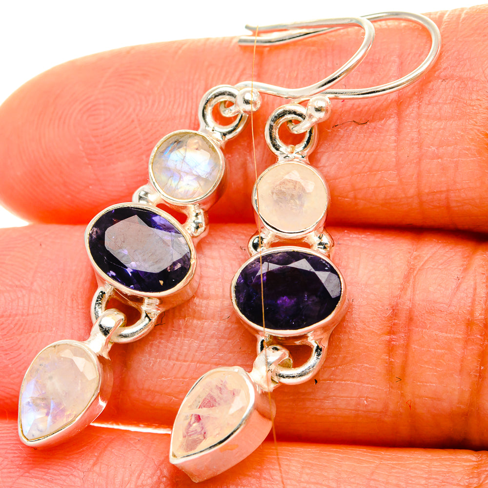 Anasilvercos Faceted Tanzanite, Rainbow Moonstone Earrings 1 3/4" (925 Sterling Silver)