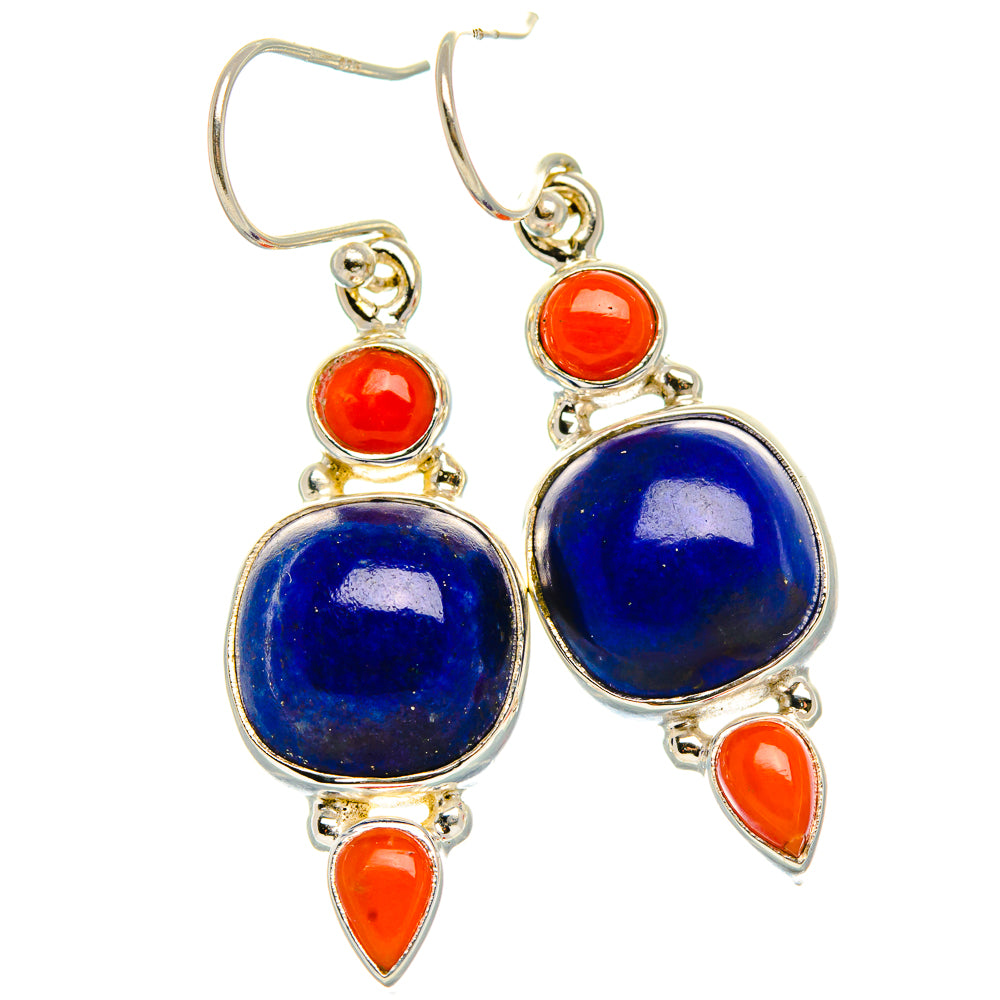 Lapis Lazuli, Red Coral Earrings 1 5/8" (925 Sterling Silver) EARR431888