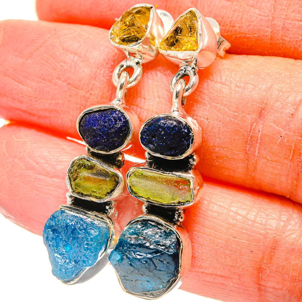 Rough Blue Fluorite, Peridot, Lapis Lazuli, Citrine Earrings 1 1/2" (925 Sterling Silver) EARR431468