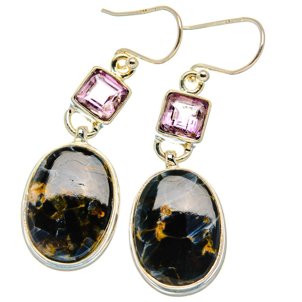 Pietersite, Amethyst Earrings 1 3/4"  (925 Sterling Silver) EARR431627