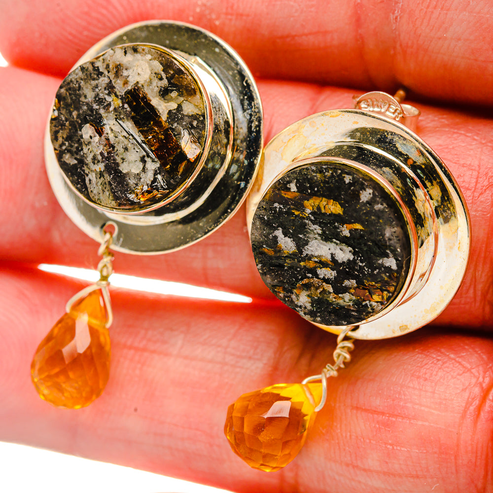 Rough Astrophyllite, Citrine Earrings 1 3/8" (925 Sterling Silver) EARR431827