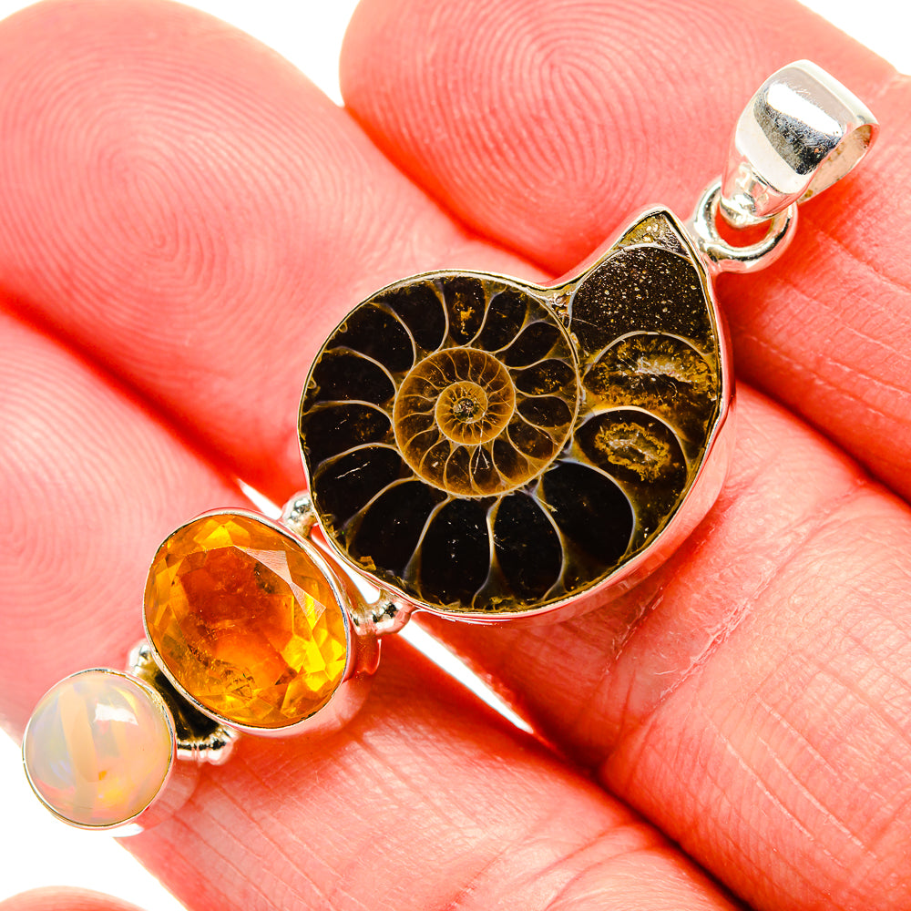 Ammonite Fossil, Citrine Pendant 2"  (925 Sterling Silver) PD36924