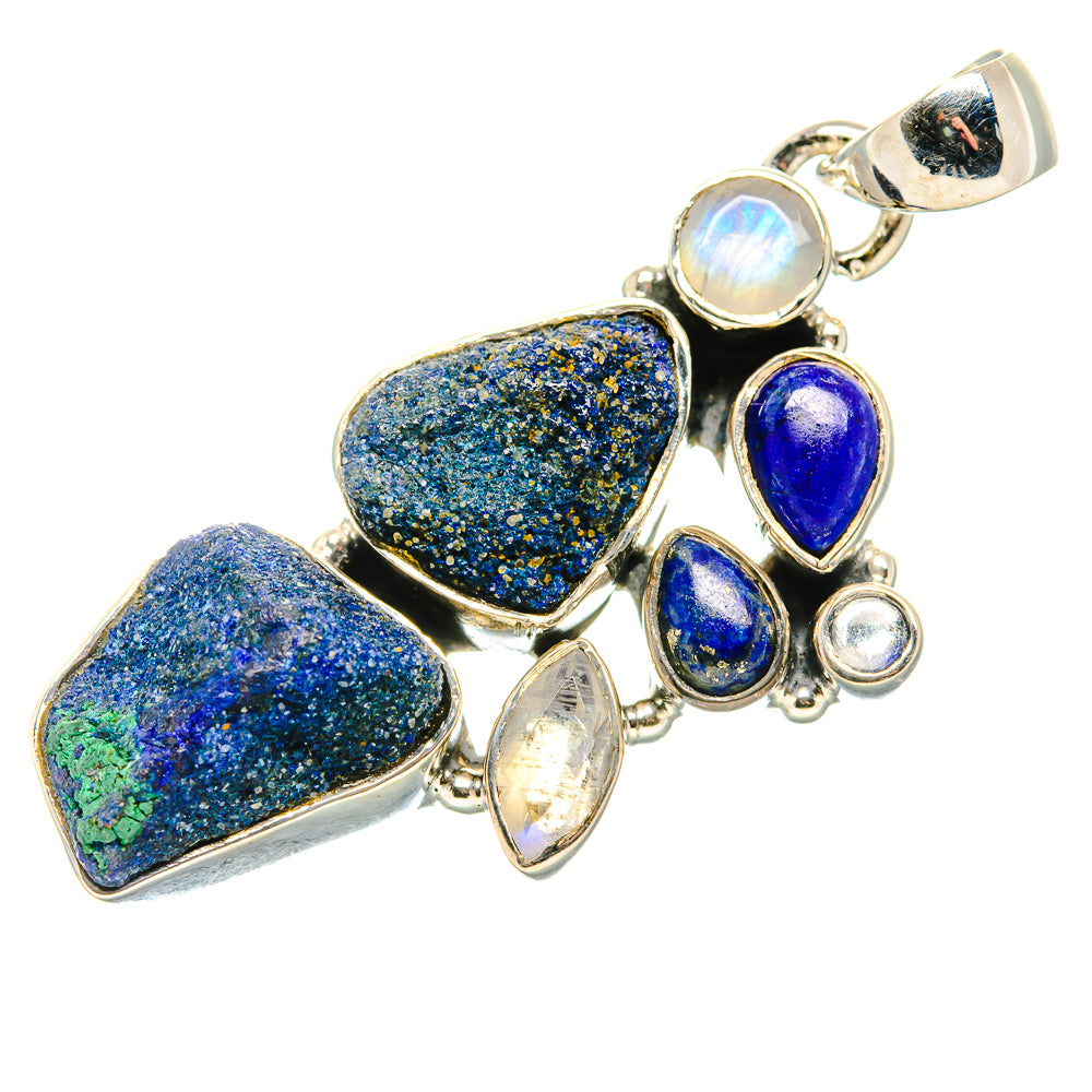 Rough Azurite, Lapis Lazuli, Rainbow Moonstone Pendant 1 3/4" (925 Sterling Silver) PD36795