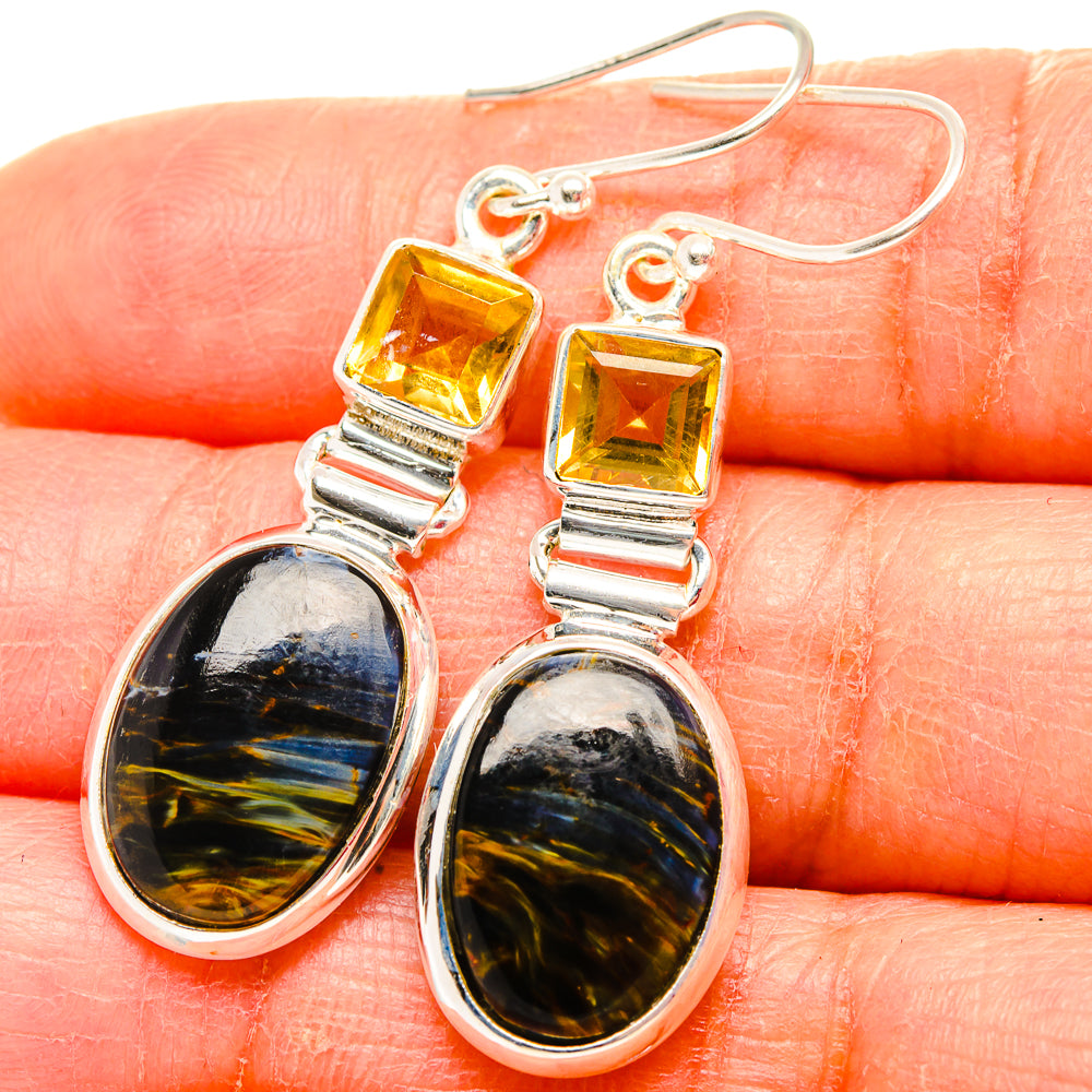Pietersite, Citrine Earrings 1 7/8" (925 Sterling Silver) EARR431594