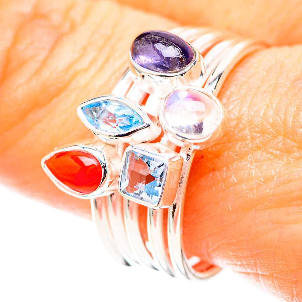 Red Coral, Tanzanite, Blue Topaz, Rainbow Moonstone Ring Size 9.5 (925 Sterling Silver) RING136633