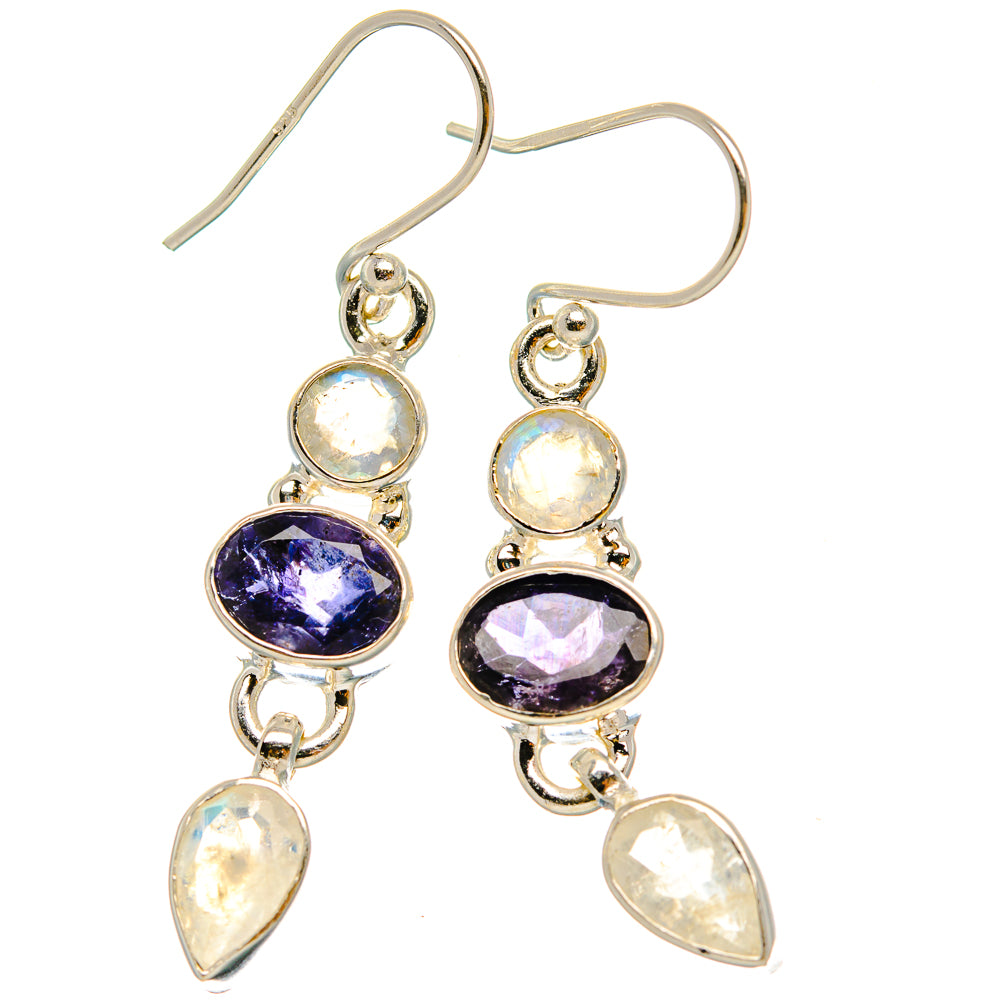 Anasilvercos Faceted Tanzanite, Rainbow Moonstone Earrings 1 3/4" (925 Sterling Silver)