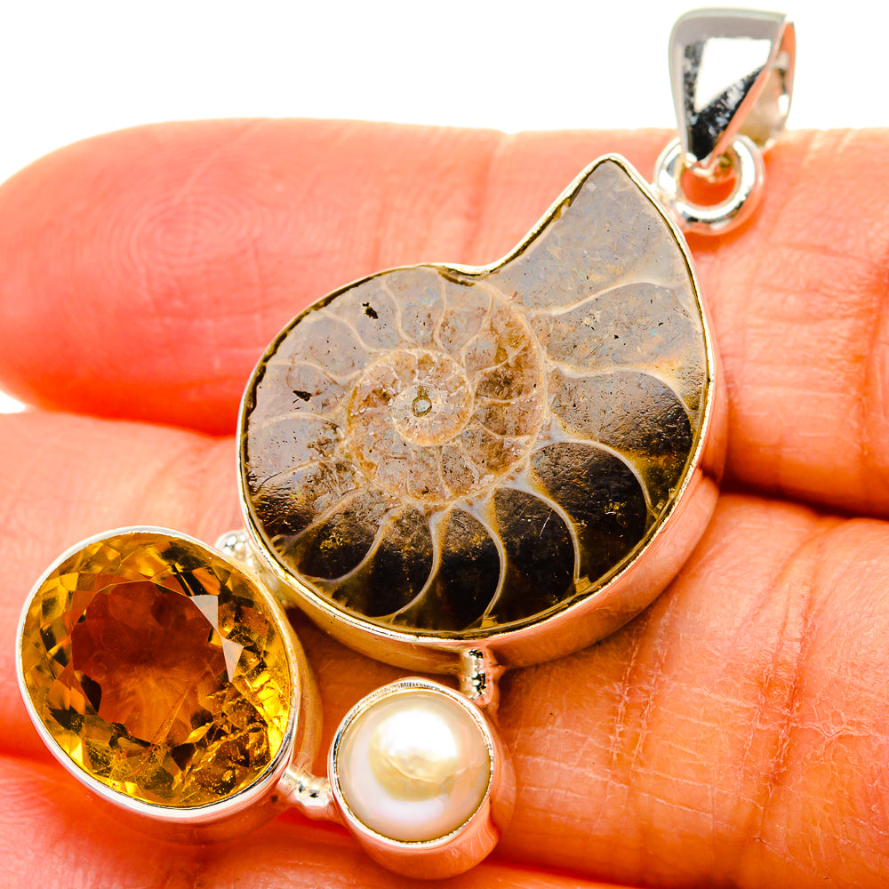 Ammonite Fossil, Citrine, Cultured Pearl Pendant 1 3/4"  (925 Sterling Silver) PD37231