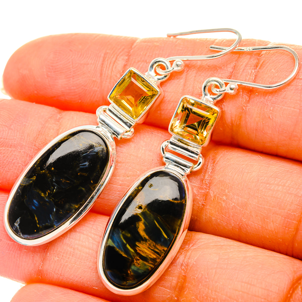 Anasilvercos Pietersite, Citrine Earrings 2" (925 Sterling Silver)