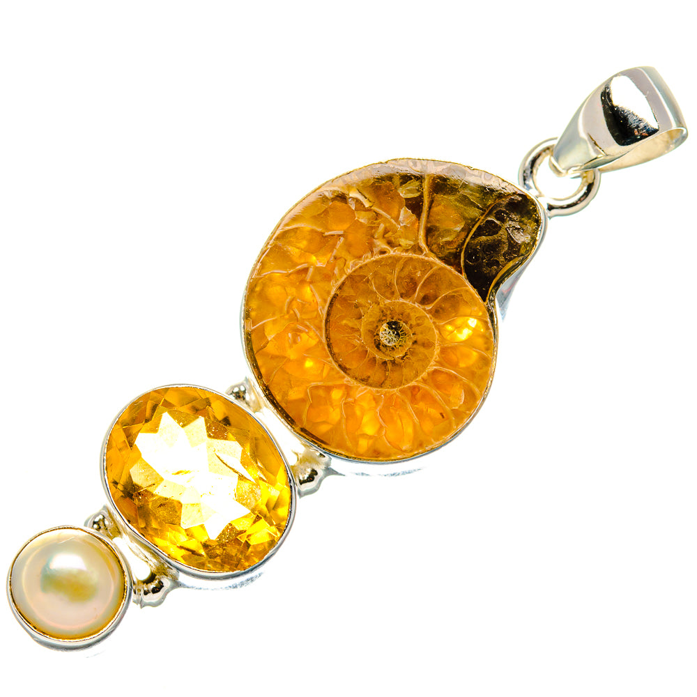 Ammonite Fossil, Citrine, Cultured Pearl Pendant 2"  (925 Sterling Silver) PD37169