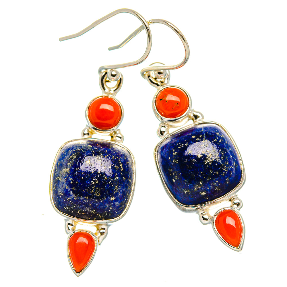Lapis Lazuli, Red Coral Earrings 1 5/8" (925 Sterling Silver) EARR431876