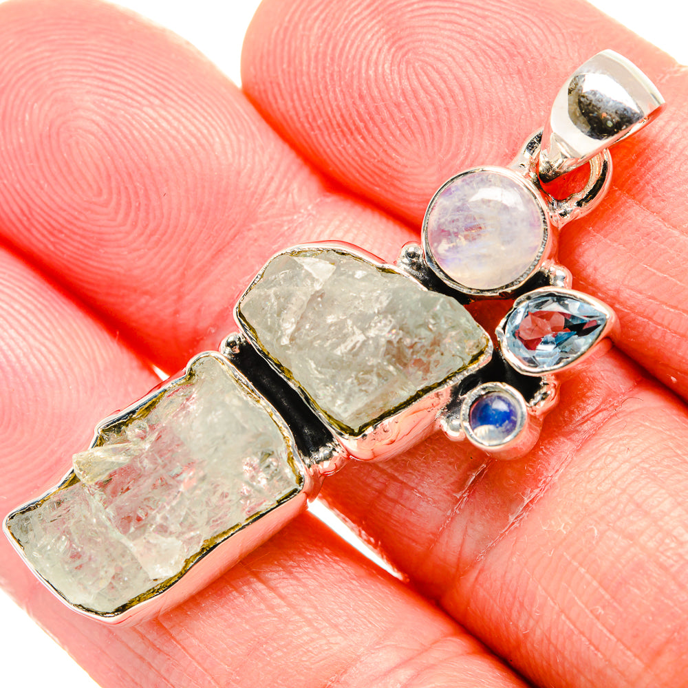 Rough Aquamarine, Rainbow Moonstone, Blue Topaz Pendant 2" (925 Sterling Silver) PD36768
