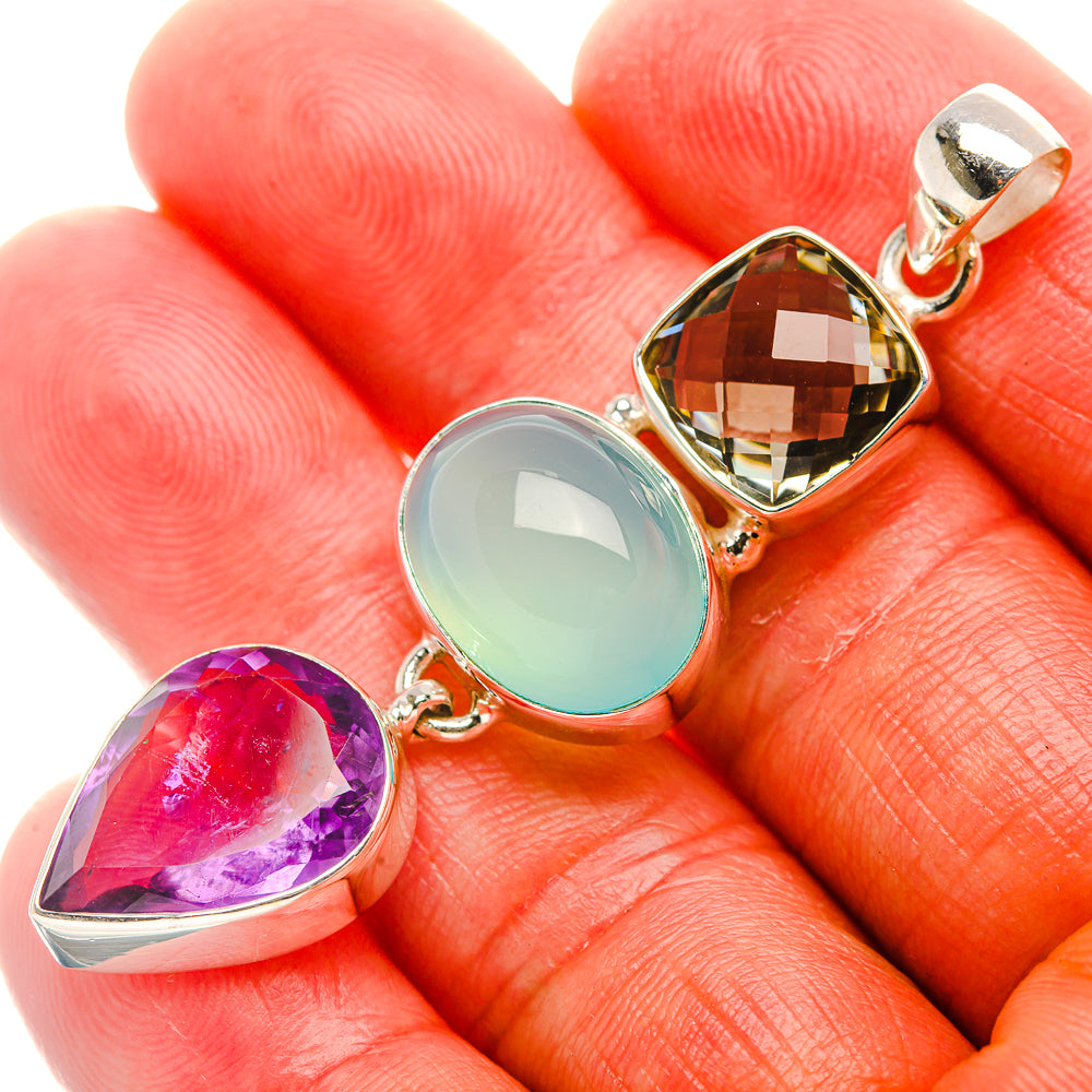 Natural Aquamarine, Amethyst, Green Amethyst Pendant 2 3/8" (925 Sterling Silver) PD37394