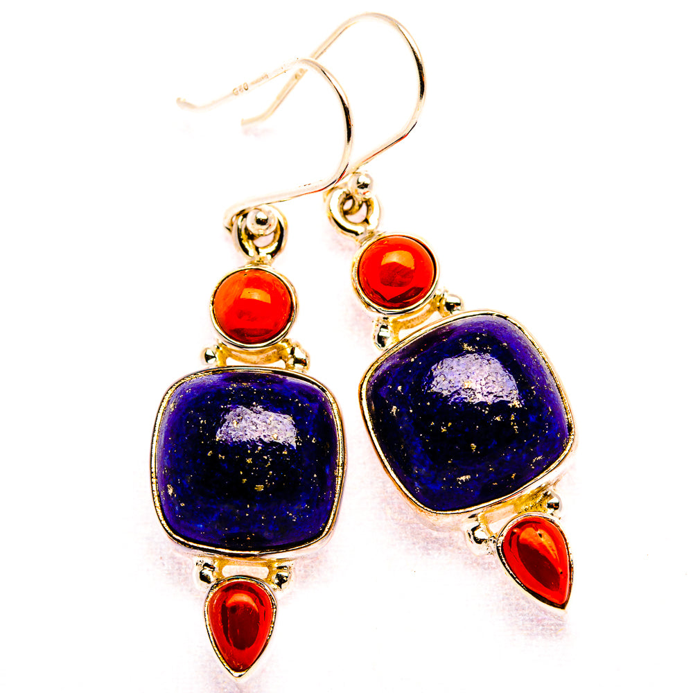 Lapis Lazuli, Red Coral 925 Sterling Silver Earrings 1 5/8" (925 Sterling Silver) EARR431945
