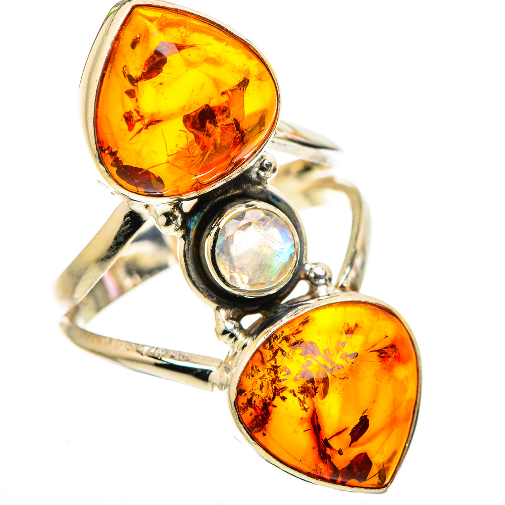 Baltic Amber, Rainbow Moonstone Ring Size 9 (925 Sterling Silver) RING134938