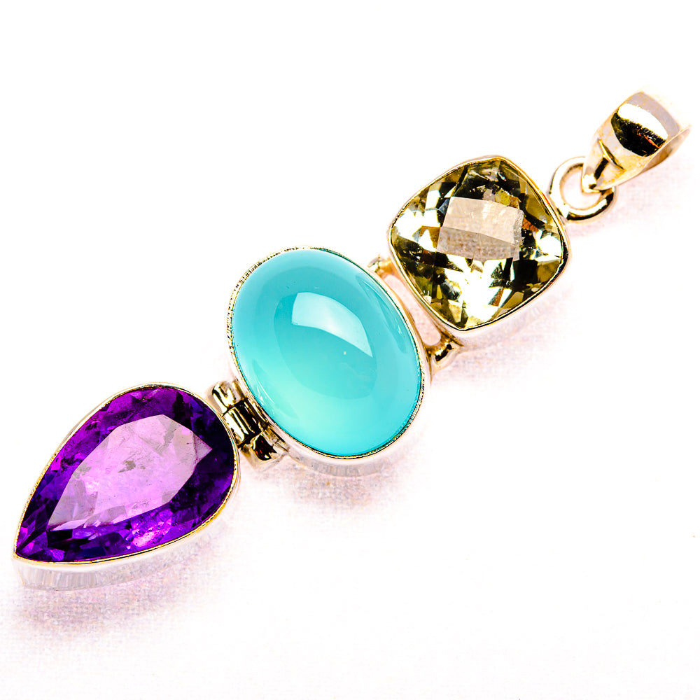 Natural Aquamarine, Amethyst, Green Amethyst Pendant 2 1/4" (925 Sterling Silver) PD37595