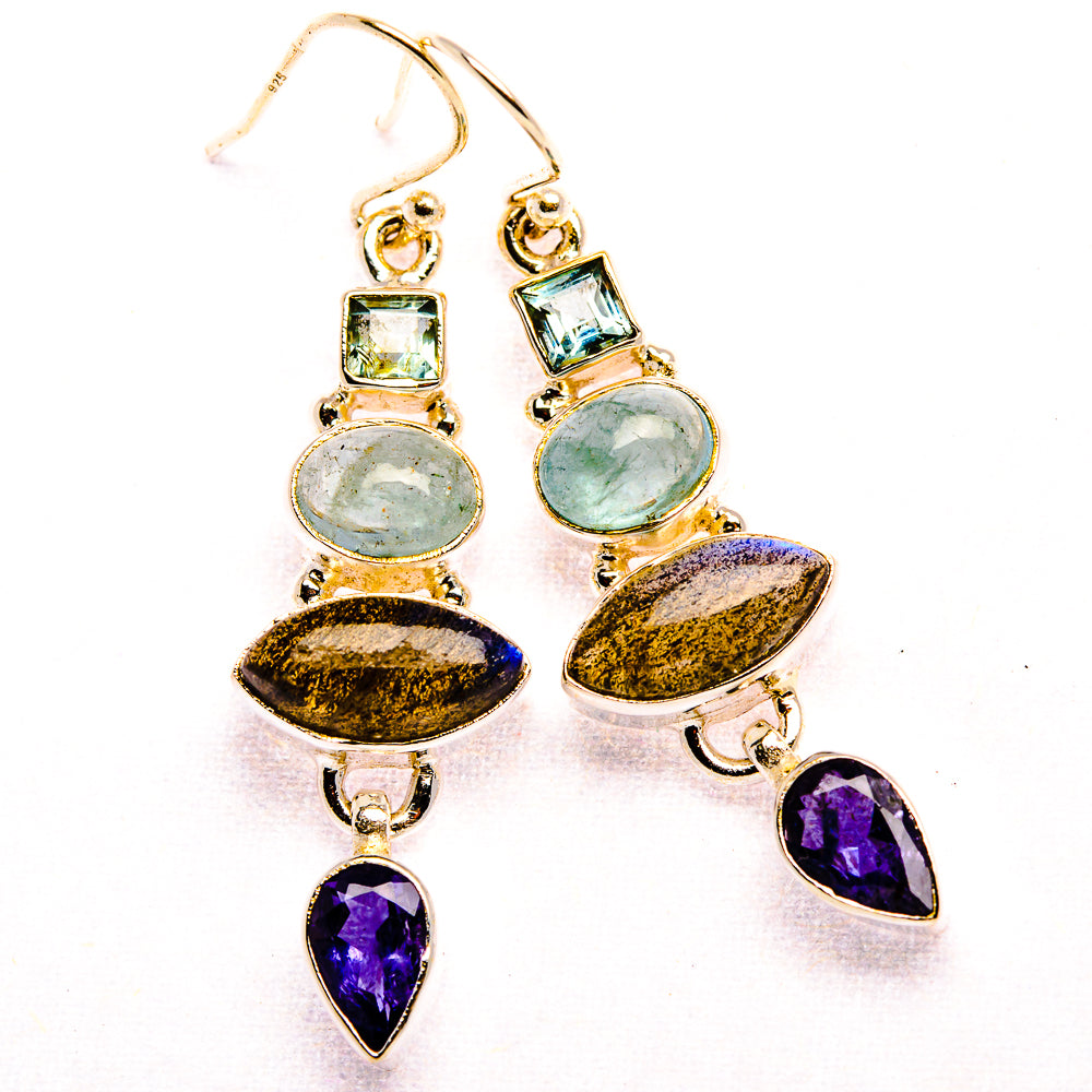 Labradorite, Tanzanite, Aquamarine, Blue Topaz Earrings 1 7/8" (925 Sterling Silver) EARR431864
