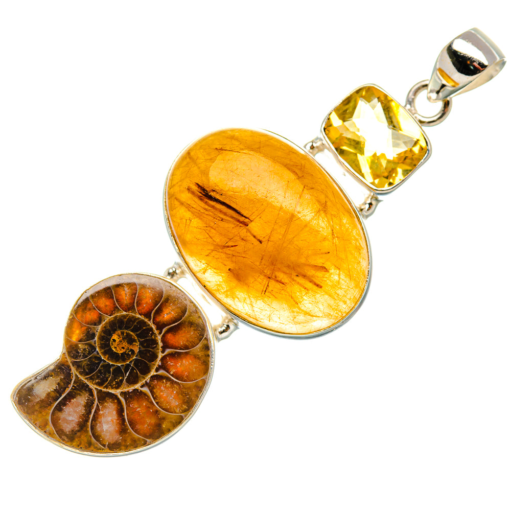 Rutilated Quartz, Ammonite Fossil, Citrine Pendant 2 3/8" (925 Sterling Silver) PD37601