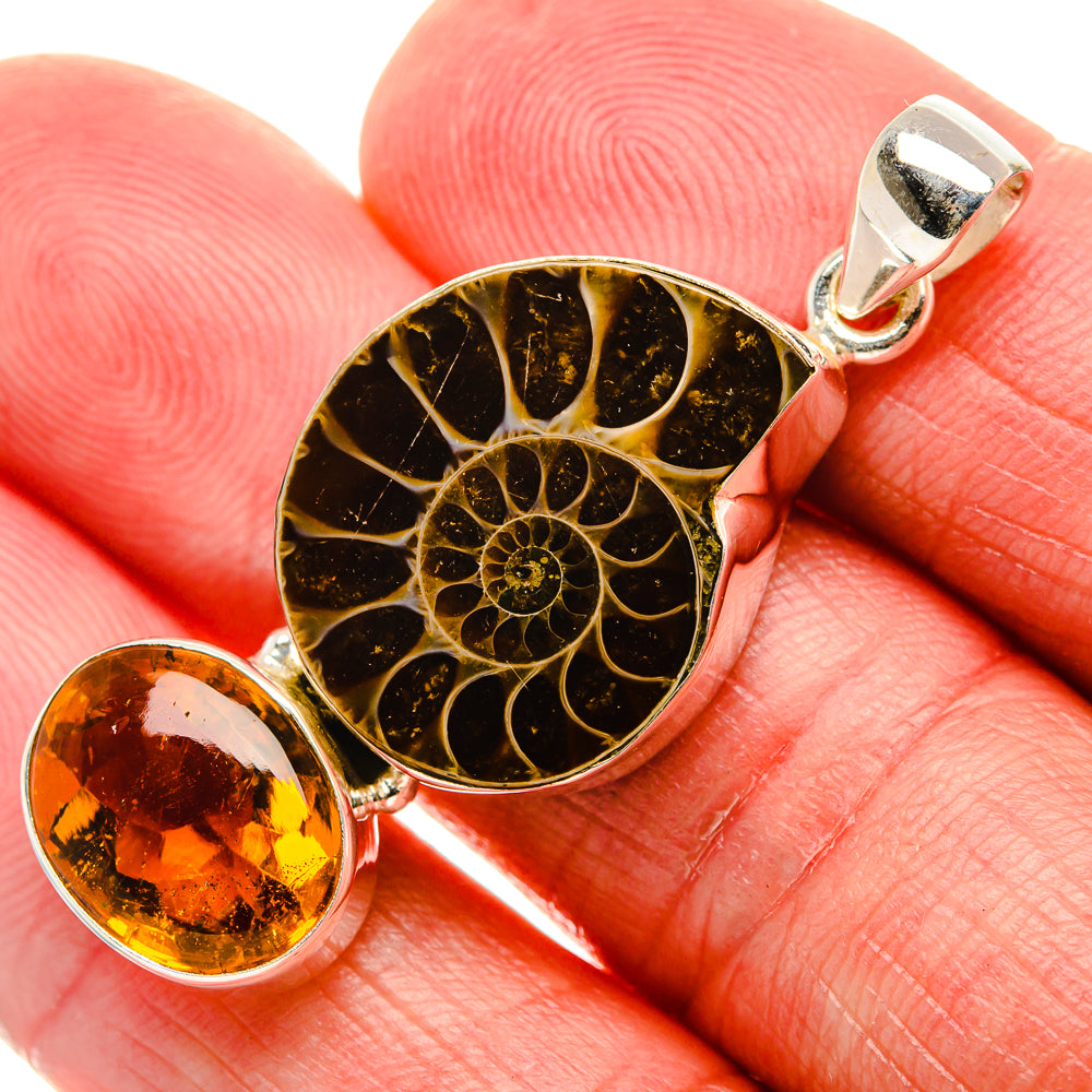 Ammonite Fossil, Citrine Pendant 1 3/4"  (925 Sterling Silver) PD37213