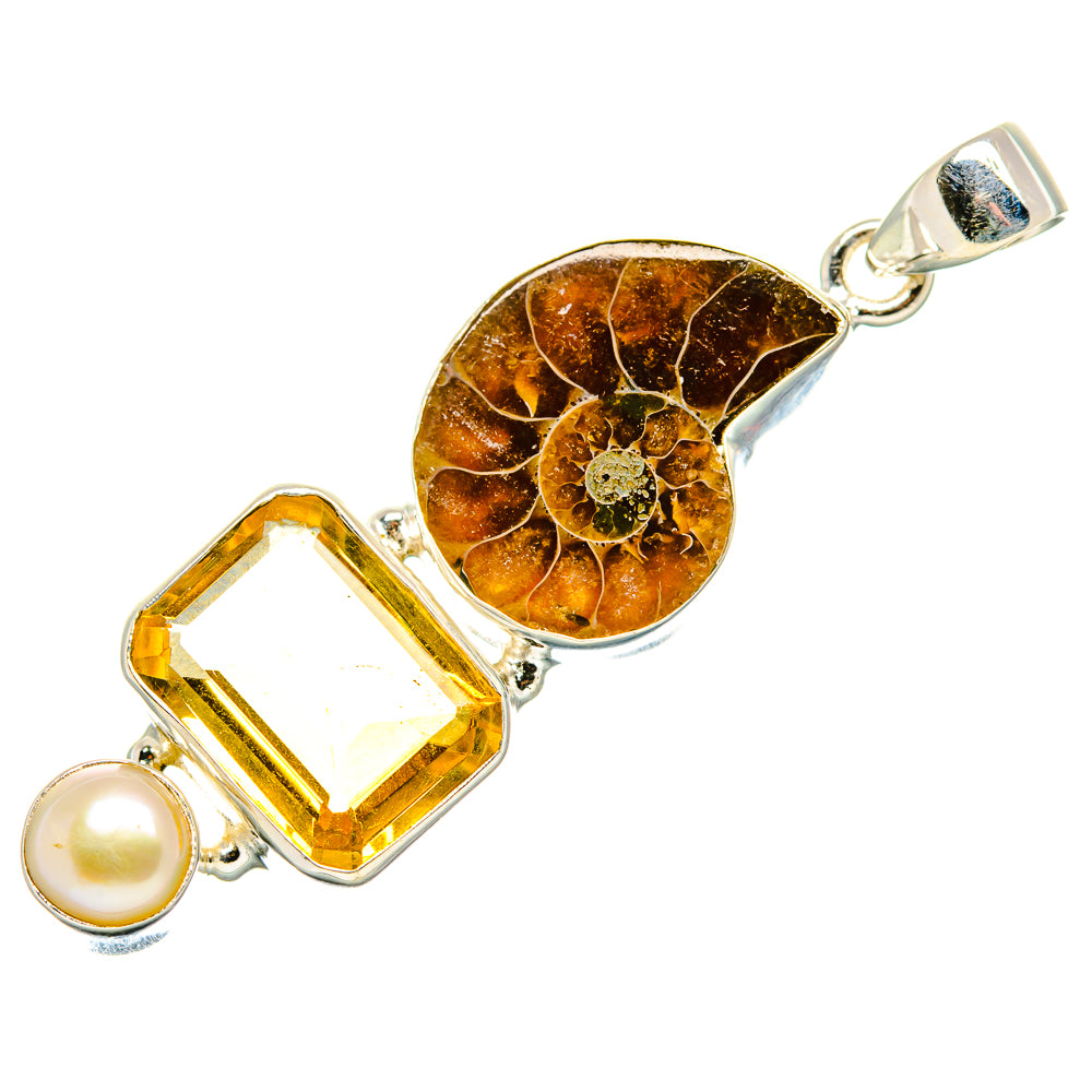 Ammonite Fossil, Citrine, Cultured Pearl Pendant 2"  (925 Sterling Silver) PD36936