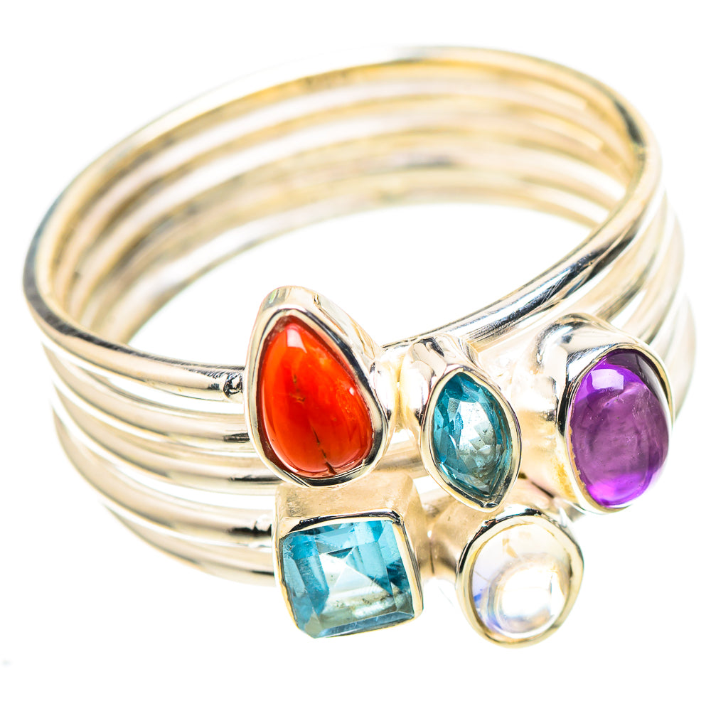 Red Coral, Amethyst, Blue Topaz, Rainbow Moonstone Ring Size 9.75 (925 Sterling Silver) RING136786