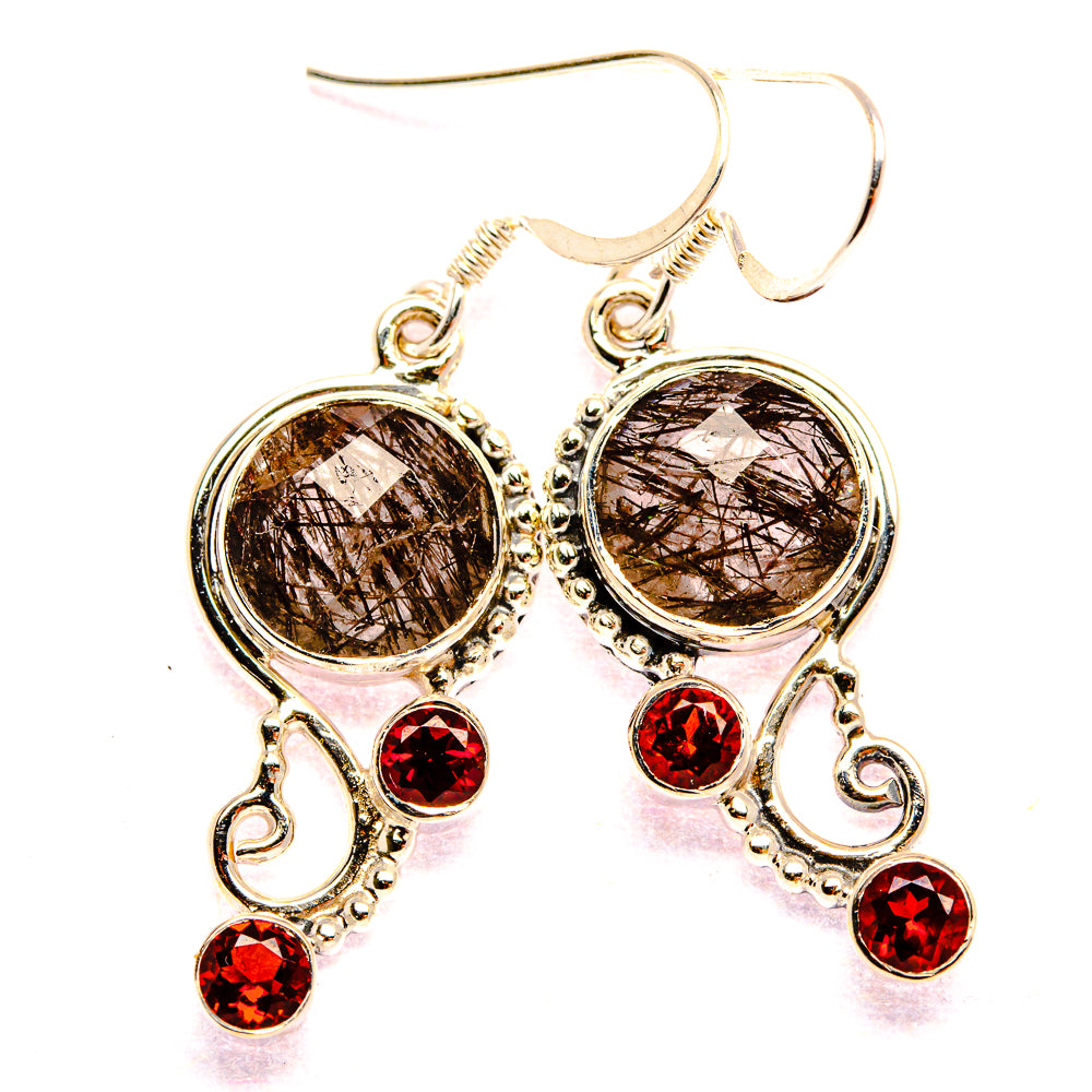 Tourmalinated Quartz, Garnet 925 Sterling Silver Earrings 1 5/8" Ana Co E431813