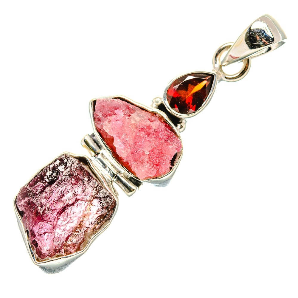 Rough Pink Tourmaline, Garnet Pendant 1 3/4" (925 Sterling Silver) PD36822