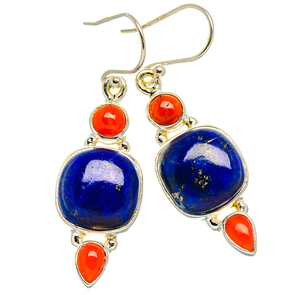 Lapis Lazuli, Red Coral Earrings 1 3/4" (925 Sterling Silver) EARR431878